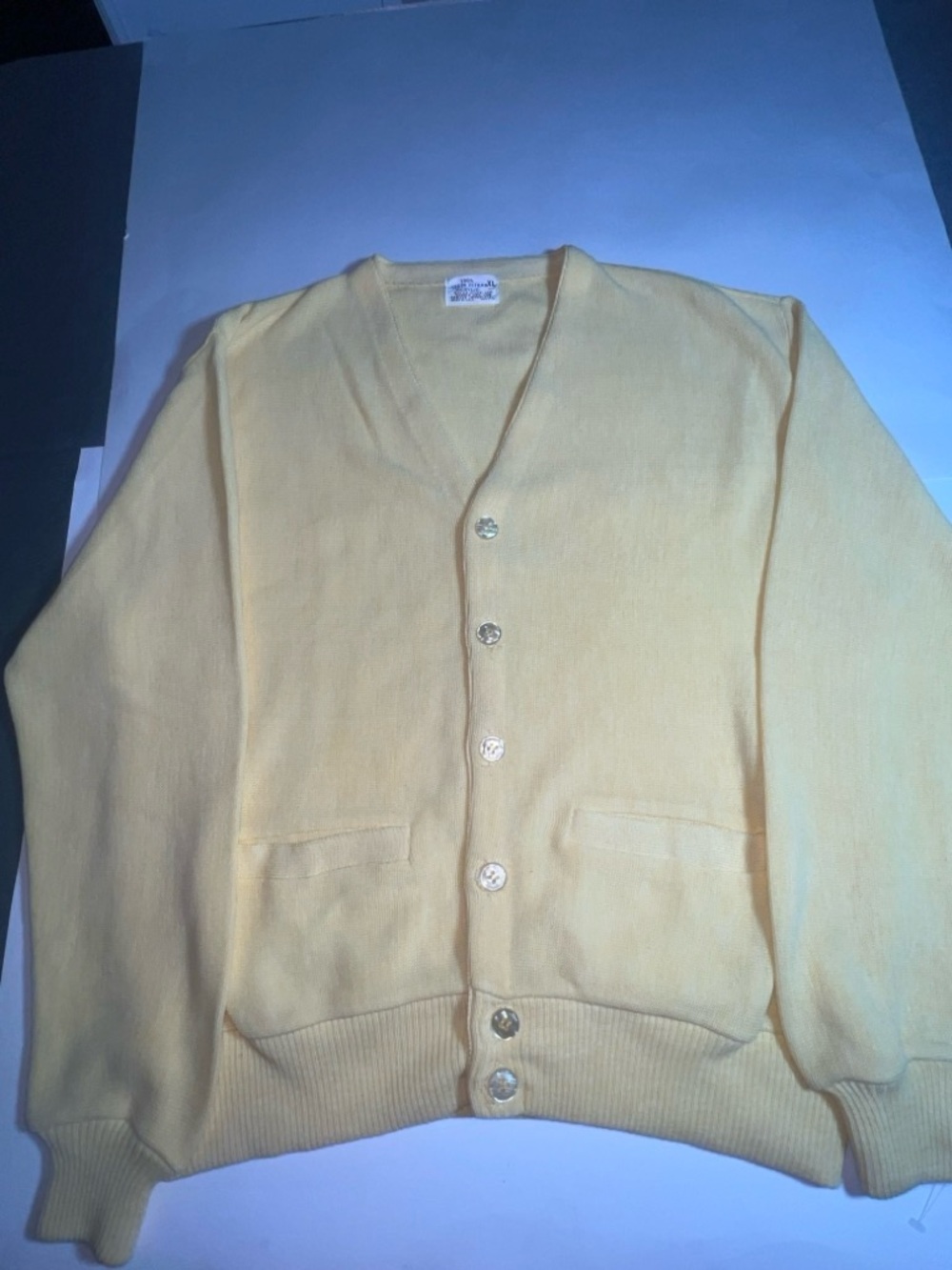 VTG 60s Yellow Acrylic Pocket Cardigan XL - NEVER WORN!